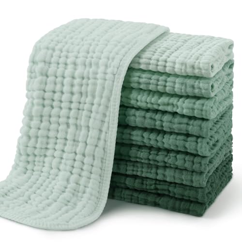 Image of Yoofoss Muslin Burp Cloths for Baby 10 Pack 100% Organic Cotton Baby Washcloths for Boys Girls Large 20''X10'' Super Soft and Absorbent Gradient Green
