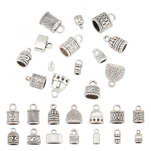 PH PandaHall Cord End Cap, 140pcs 14 Styles Alloy Glue in End Caps Leather Cord End Cap Bead Tube Barrel Loop Clasp for Tassels Earring Bracelet Jewelry DIY Craft Making, Antique Silver