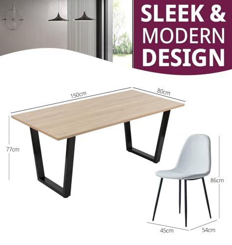 Hallowood Furniture Dudley 6-Seater Dining Table and Chair Set, Large Oak Effect Kitchen Table (150cm) with Sturdy Black U-Shaped Metal Legs and Grey Fabric Chairs, Contemporary Dining Ensemble - Image 3
