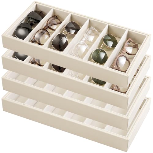 Juexica 4 Pcs Velvet Sunglass Trays 6 Grids Sunglasses Organizer, Beige PU