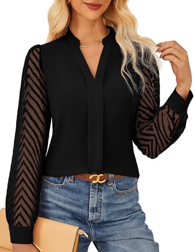Damen Henley V-Ausschnitt Klassische Bluse Langarmshirt Lässige Leichte Shirt Schwarz L