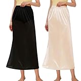 Girstunm 2 Pieces Women's Half Slips Satin Long Dress Petticoat Bottom Skirt Extenders Anti-Static Long Underskirt 31'' Black & Champagne X-Large