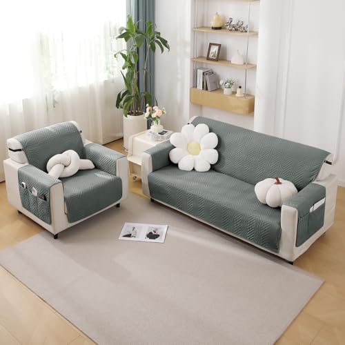 Image of HOKIPO Polyester Quilted 3 Seater Sofa Cover Mat with Pockets, Dark Grey (In-803-Dgry)