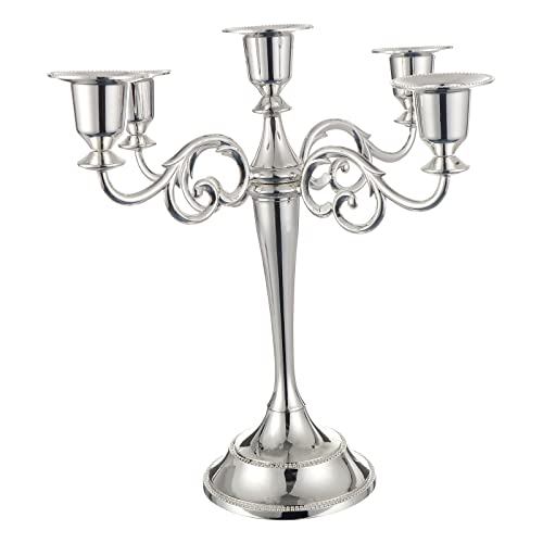 Candle Holder 5-Arms Metal Candle Stand for Taper Candles, Vintage Candelabra Decorative Candlestick Holder for Wedding Candlelight Dinner Party Tabletops Home Decoration (Silver) - Cosy Home Interiors Candle Holder 5-Arms Metal Candle Stand for Taper Candles, Vintage Candelabra Decorative Candlestick Holder for Wedding Candlelight Dinner Party Tabletops Home Decoration (Silver)