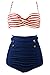 Cocoship Red White Stripe & Navy Blue High Waisted Bikini Buttons Vintage Bathing Suit Ruched Swimwear XXL(FBA)