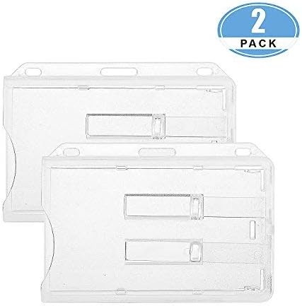 JUMI ID Card Name Badge Holder (Holds 2 Cards) Horizontal Hard Plastic Heavy Duty Transparent Polycarbonate Dual Slide Out Tabs 2 Pack