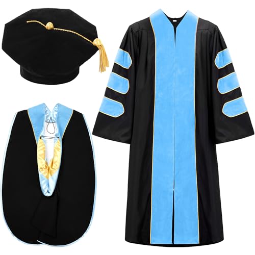 Wesiti Unisex Deluxe Doctoral Graduation Gown with Hood Side Tam Academic Faculty Regalia Robe(Size 51 Sky Blue)