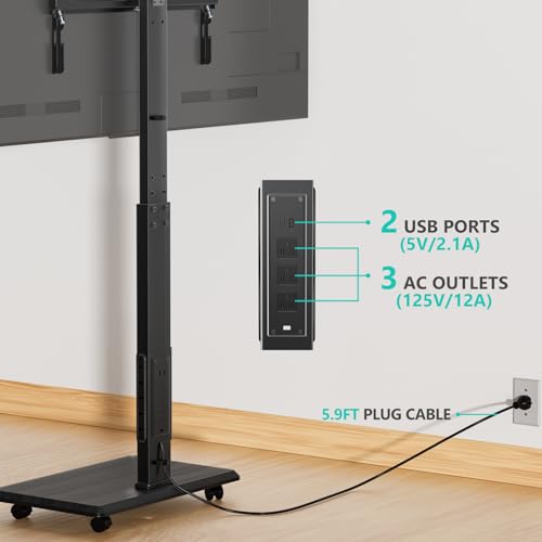 Image of WALI Rolling TV Stand with Power Outlet, Mobile Tall TV Stand Mount on Wheels for 39-75 inch TV up to 110 lbs, Swivel Height Adjustable TV Cart with Wood Base for Bedroom(TVDVD-7PR), Black