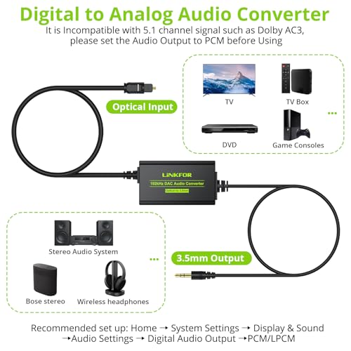 Image of LiNKFOR 192kHz DAC Converter SPDIF to 3.5mm AUX Digital to Analog Audio Converter Optical Toslink to 3.5mm Audio Adapter with Optical Cable for HDTV Blu Ray DVD Amps