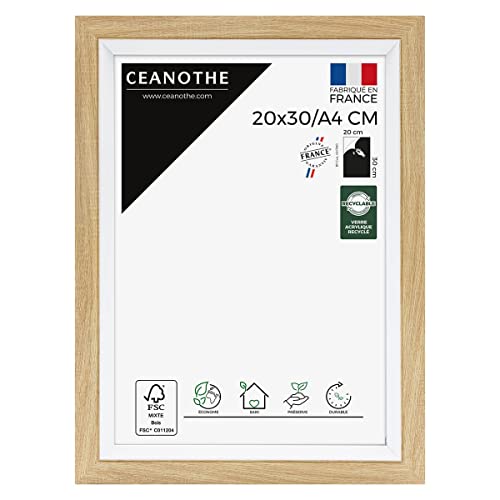 Ceanothe Cadre Photo Brut et Blanc 20x30 cm/A4 - Cadre pour Photo 20x30 cm/A4 Convient au A4 – Fabriqué en France – Cadre Photo Actual Brut Blanc Verre Acrylique recyclé