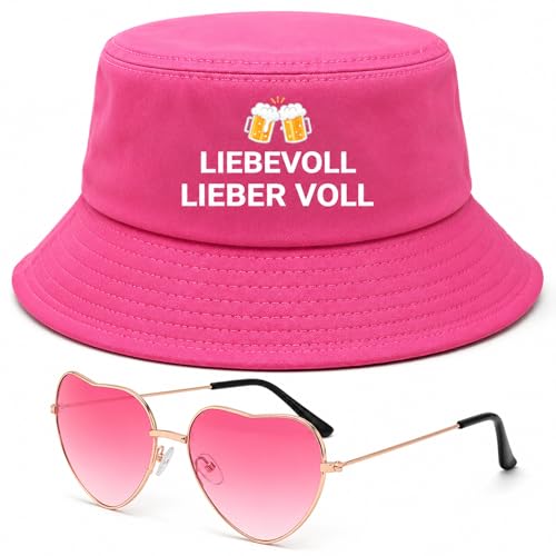 2 Stück Festival Zubehör Set - Fischerhut Damen & Herz Sonnenbrille Pink - Baumwolle Anglerhut Lustiges Festival Outfit Damen Malle Accessoires & Mallorca Party Outfit Zubehör Für Jga Sommer