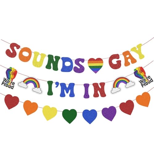 Image of Pre Strung Sounds Gay I'm In Banner Pride Month Decorations, Glitter Rainbow Sign for LGBTQ+ LGBT Party Lesbian Gay Bisexual Transgender Queer Celebration Home Indoor Photo Props Backdrop Decor