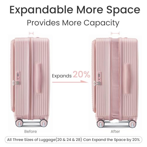 Luggage Sets, 3-Piece Expandable Suitcase 20/24/28 Inch with Front Pocket, TSA Lock, Retractable Spinner Wheels, Durable PC Hard Shell, Family Travel Luggage with Protective Covers (Pink)4