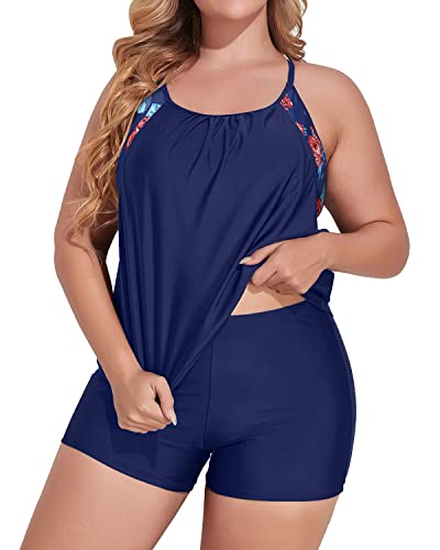 image for Holipick Navy Blue Women Plus Size Two Piece Tankini Set Swimsuits Tu