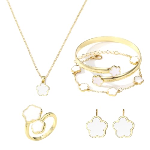 18k Vergoldet Vierblättriges Kleeblatt Armbander 5 Stück Vierblättriges Klee-blatt Schmuckstück Hypoallergenes Glücksklee Emaille-schmuck Set Glückliches Fünfblättriges Kleeblatt Legierung Schmuckset