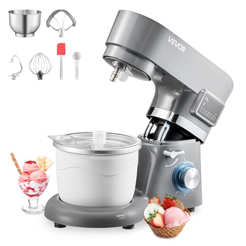 VEVOR Eismaschine Eiscrememaschine 1,7 L Standmixer 6-Gang mit LED-Digitalanzeige & Timer & Rührpaddel & Knethaken & Spritzschutz, für DIY Gefrorener Joghurt, Frucht-Gelato Sorbet Grau 1400 W