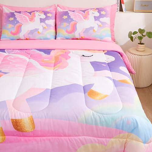 Image of Pink Unicorn Bedding Full Size for Girls 7 Piece,3D Colorful Rainbow Unicorn Comforter Set for Girls, Ultra Soft and Fluffy, Horse Bed Set with Comforter Sheets Pillowcase & Sham