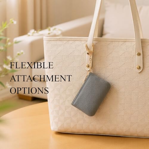 Image of Full Grain Leather Coin Purse with Key Chain - Small Change Purse Keychain Card Holder Keychain Pouch Small Keychain Wallet for Women and Men (Gray)