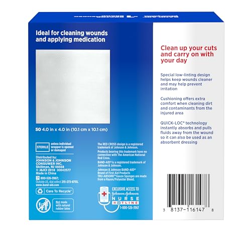 Band Aid Brand First Aid Products Tru-Absorb Sterile Gauze Sponges for Cleaning and Cushioning Minor Wounds, Cuts & Burns, Low-Lint Design, Individually Wrapped 4 in by 4 in Pads