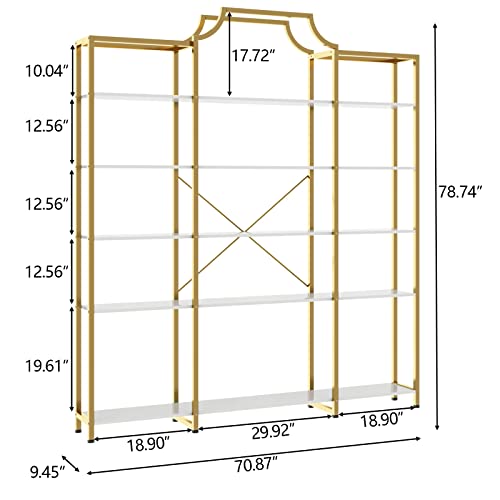 Auromie Triple Wide 5-Tier Bookshelf, 70.87" L X 79.13" H Extra Large Gold Bookcase, Tall Display Shelf With Metal Frame, Freestanding Etagere Storage Display Shelf For Home Office, White Gold #TOP1