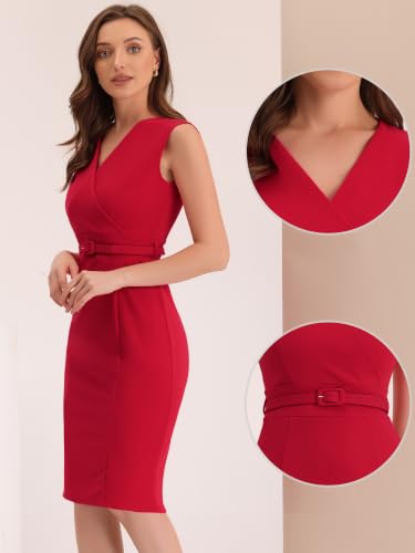 Image of Allegra K Sheath Dress for Women's Wrap V Neck Business Office Belt Sleeveless Pencil Dress