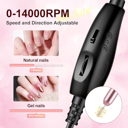JODSONE Electric USB Nail Drill for Acrylic and Gel 14000RPM Portable Nail File Efile Set with Nail Drill Bits Sanding Bands Pink - Thumbnail 4
