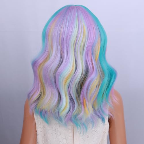 Image of PATTNIUM Multicolor Wig for Kids Rainbow Child Wig with Bangs Wavy Colorful Wigs for Girls Shoulder Length Heat Resistant Synthetic Wigs