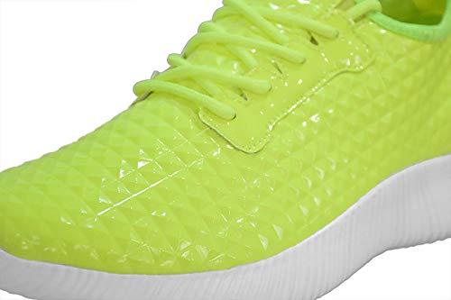 Roxy-Rose Women Lightweight Metallic Hologram Laced Pyramid Leatherette Studded Jogger Casual Sneaker (6 B(M) Us, Neon Yellow) #TOP4