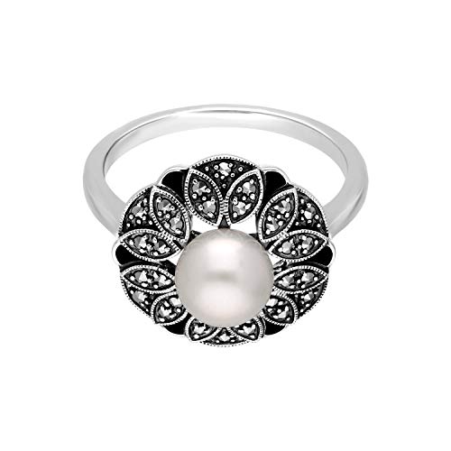 Image of Gemondo USA Pearl, Marcasite, & Black Enamel Floral Sterling Silver Ring