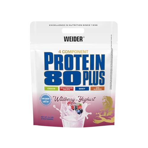 Weider - Protein 80 Plus - 4-Komponenten Protein Pulver - Hoher Proteingehalt mit 80% Eiweiß - Cremige Shakes mit Calcium & Vitamin B6 - 2kg - Waldfrucht-Joghurt
