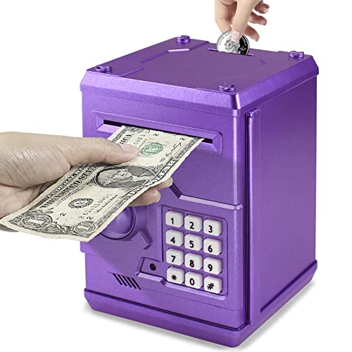 Hucha de hucha con caja de contraseña, mini cajero automático para dinero en papel y monedas, el mejor regalo para niños y niñas (oro morado)