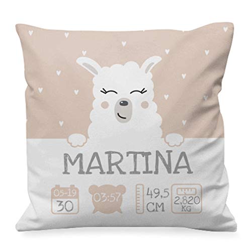 NANNUK - Cojín Nacimiento personalizado llama para recién nacidos, se personaliza con nombre, hora, fecha, peso y medida del bebé.