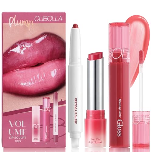 BANGFENG 3PCS Glossy Lip Combo Set – Shade with Plumping Gloss, Hydrating Melting Balm & Smooth Lip Liner for Fuller, Defined, High-Shine Juicy Lips, K-Beauty Viral Makeup Look (01# Sweet Rose)