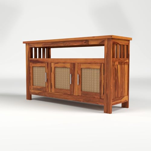 Image of Sheesham Wood Kitchen Cabinet with Cane Woven Doors | Solid Wood Storage Sideboard with Open Shelf & 3 Door Cabinet | Rosewood Storage Cabinet for Living Room (Natural Finish)