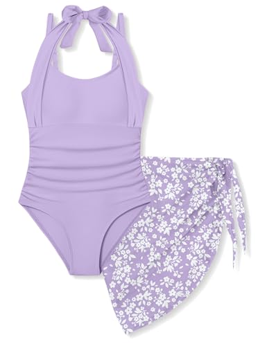 Image of Girls Swimsuit Set - Halter Neck One Piece Bathing Suit with Tropical Cover Up Skirt Swimwear for Kids 7-18Y