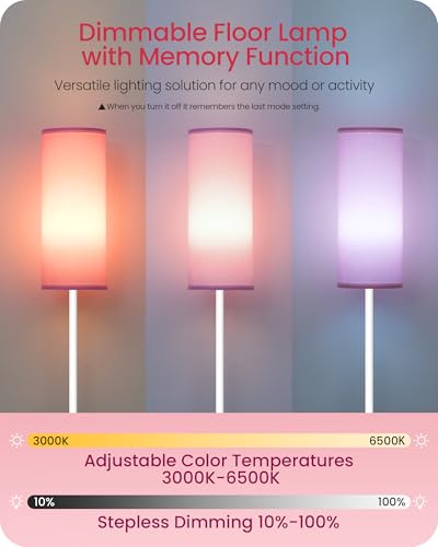 Image of Dimmable Floor Lamps for Living Room with Remote and Foot Switch, 64.4 inch Modern Standing Tall Lamp, Corner Lamp for Bedroom, Bulb Included, 3000K-6500K, FCC Listed, Pink and White WP06LD05W1