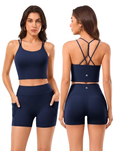 Women 2 Piece Workout Sets Cross Back Longline Tank Top Padded Strappy High Waisted Biker Shorts Matching Yoga Gym Outfits