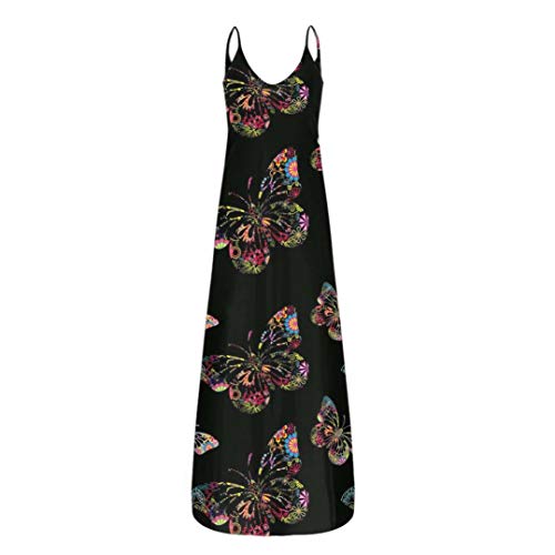 Women Summer Casual Maxi Dress Sleeveless Sexy Party Dress with Pockets Flower Butterfly Geometry Print V Neck Dress