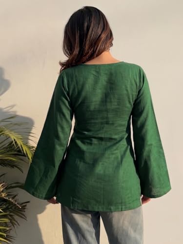 Image of ANNI Designer Short Kurti for Women Solid Design | V Neck Full Sleeve Kurti Tops for Women | Stylish Kurtis & Short Kurtis for Woman | Casual Kurti with Jeans | Kurtas for Woman