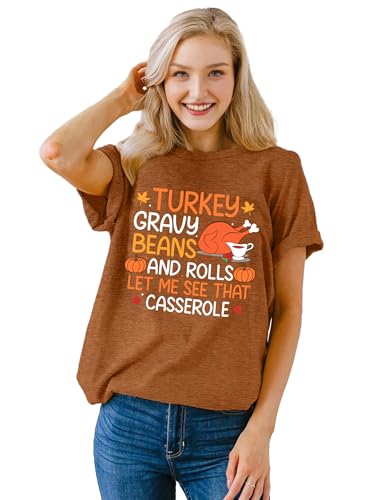 Image of Thanksgiving Shirts Women Turkey Gravy Beans and Rolls Tshirts Funny Turkey Graphic T-Shirt Family Thanksgiving Tops