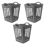 'Starplast Tall Square Flex Laundry Baskets 3-Pack – 13.8 Gallon Capacity, Lightweight BPA-Free Polyethylene, Ventilation Holes, Stackable with Handles – 19.7 x 16.5 x 16.1 Inches - Grey