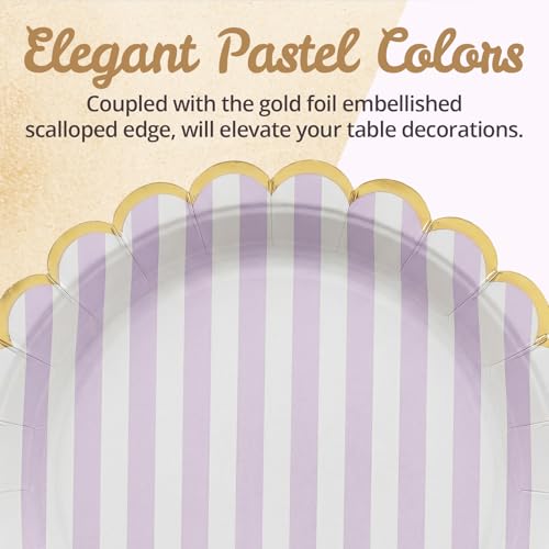 Image of Party Paper Plates, 50-Pack 9-Inch Bulk Disposable Decorative Paper Plates with Gold Scalloped Trim, 6 Colors for Tea Party, Easter, Garden Party, and Bridal Showers, Gilded Pastel Stripeworks