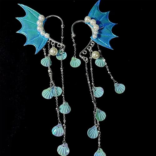 2PCS Dainty Ear Cuffs Clip-on Earring for Women, Fins Shaped Ear Cuffs Non-Piercing Earrings Rhinestone Marine Organism Tassel Ear Bone Clip without Pierced4