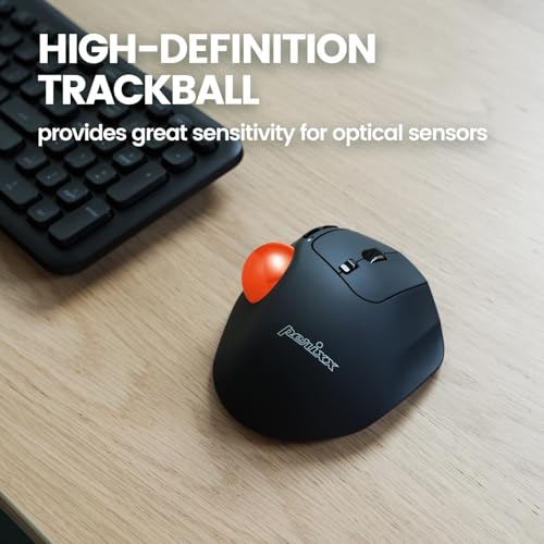 Perixx PERIMICE-717OGB Wireless Trackball Mouse, Build-in 1.34 Inch Glossy Trackball with Pointing Feature - 5 Programmable Buttons - Black Body - Orange Ball