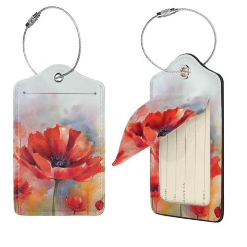 Étiquettes de bagage en cuir valise aquarelle fleur rouge identification de voyage