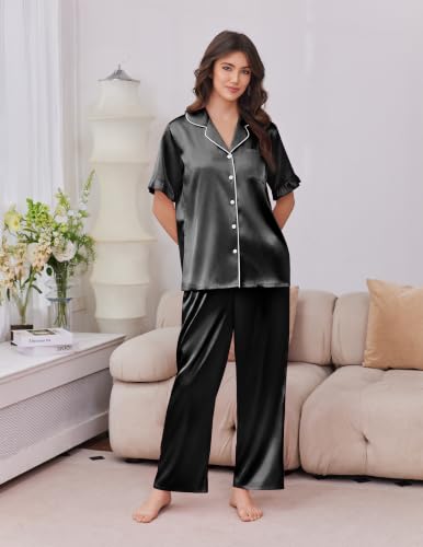 Image of Ekouaer Silk Satin Pajamas for Women Set 2 Piece Short Sleeve Button Up Pjs | Two Side Pockets,Soft Bridesmaid Lounge Set,Bridal Ruffle Sleepwear,Wedding Party,Honeymoon Vacation,Postpartum