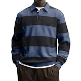 Polo a rayas para hombre, de manga larga, de algodón suave, vintage, de rugby, ajuste relajado, con botones, informal, para uso diario, cómodo, casual, para salir de vacaciones, azul oscuro, 4XL