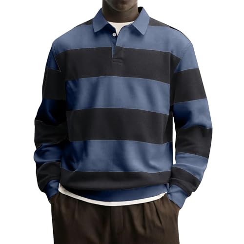 Image of Mens Long Sleeve Striped Shirt Loose Fit, Mens Oversized Long Sleeve T Shirt, Rugby Polo Shirt Striped Knitted Jumper with Collar | Classic Top for A Sporty Elegant Look Casual Blouse UK Dark Blue