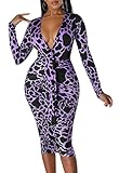 TopGood Women's Sexy V Neck Long Sleeve Bodycon Ruched Casual Party Cocktail Dresses Purple