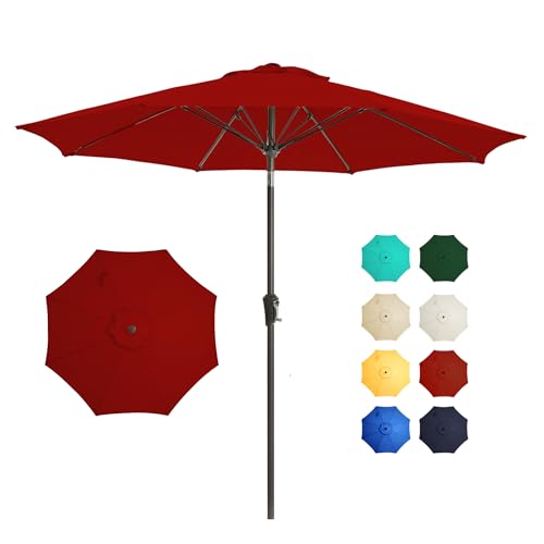 Tioline 9FT Outdoor Patio Umbrella Outdoor pool Umbrella with Push Button Tilt and Crank, Market Umbrella 8 Sturdy Ribs UV Protection for Garden, Deck, Backyard (Red)